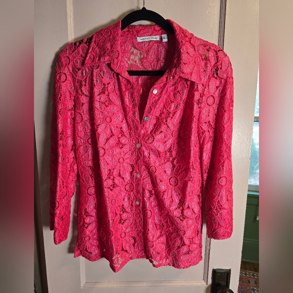 Notations Pink Floral Lace Button-Up Blouse Size Small